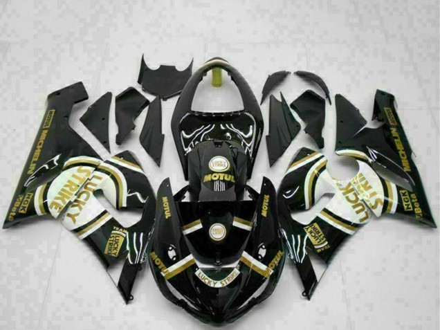 Carenados Moto Kawasaki ZX6R 2005-2006 - Negro Brillante Blanco Oro Lucky Strike
