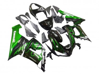 Carenado Moto Kawasaki ZX6R 2005-2006 - Negro Brillante Verde Llama