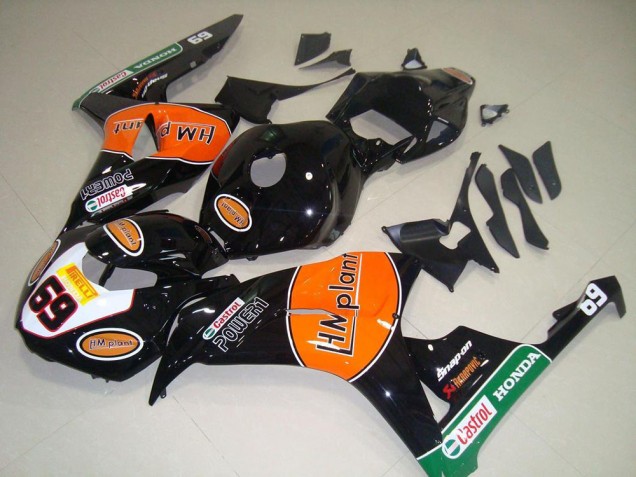 Carenados Moto Honda CBR1000RR 2006-2007 - Negro Brillante Naranja Verde Hm Plant Carrera 69